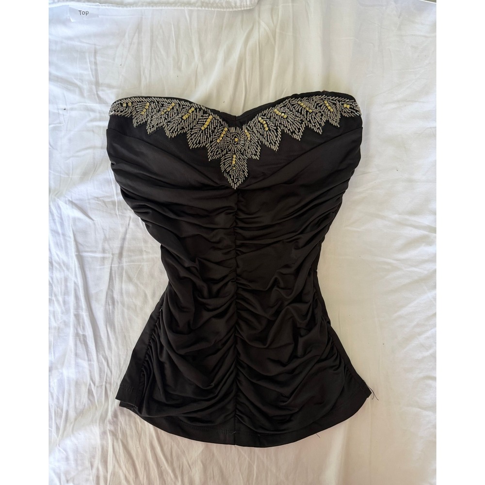 Vintage Body Central Tube Top Small Black Beaded Ruched Y2K Strapless Sweetheart